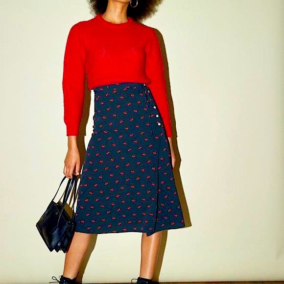 🍒 ROUJE 🍒 Gloria button side wrap skirt sold out rare in navy cherry print NWT - Picture 2 of 6